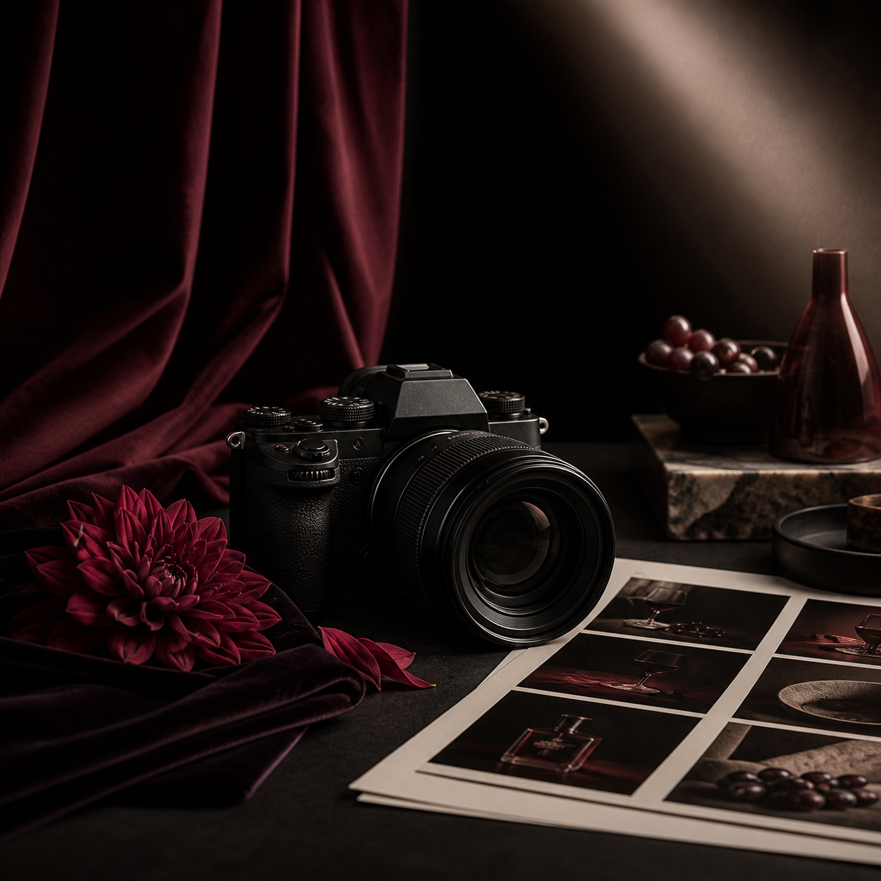 Professional camera and editorial photography still life in black and maroon
