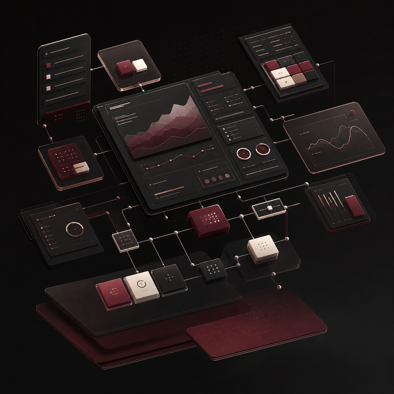 Connected modular digital platform ecosystem in black and maroon