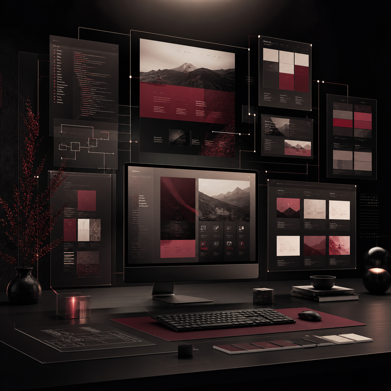 Black and maroon web development system with responsive interface architecture